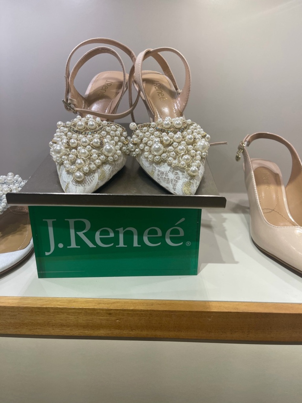 J.Renee Pearl-Embellished Lace Pointed Toe Slingbacks - Ivory and Blush